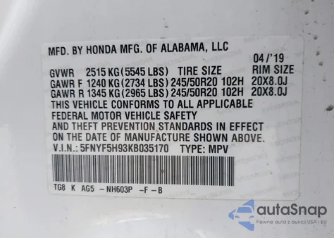 2019 Honda Pilot Touring z USA, uszkodzony, nr VIN 5FNYF5H93KB035170